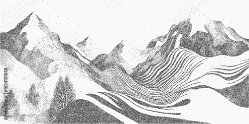 Print of mountains and hills. Black form with rough grit, subtle dot texture and light scratches. Threshold lines.