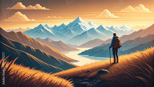 Majestic Mountain Landscape with Hiker Contemplating Natures Beauty and Serene Scenery at Sunset Trekking Adventure