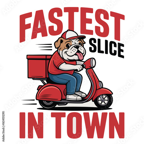 Cartoon bulldog delivering slice on red scooter with fastest text art tshirt design