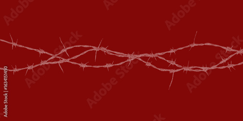 Red background with barbed wire. Bold object with overlaying grit, halftone threshold shading and scattered speckled dots.