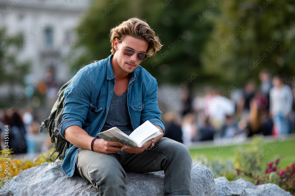 Fototapeta premium Trendy young man reading a book in a city park while wearing outdoor trekking gear, casual gorp-core mix, 