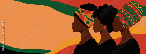 Vector horizontal banner for Black History Month and Women's Day. Silhouettes of African American women on a bright abstract background. Movements for gender equality and women's empowerment
