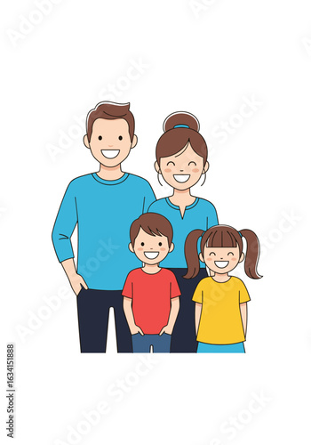 Joyful Cartoon Family of Four Posing Together Smiling Happily