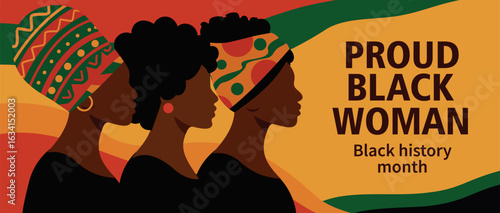 Vector horizontal banner for Black History Month. Silhouettes of African American women on a bright abstract background. Celebration of African American culture, heritage, pride and identity