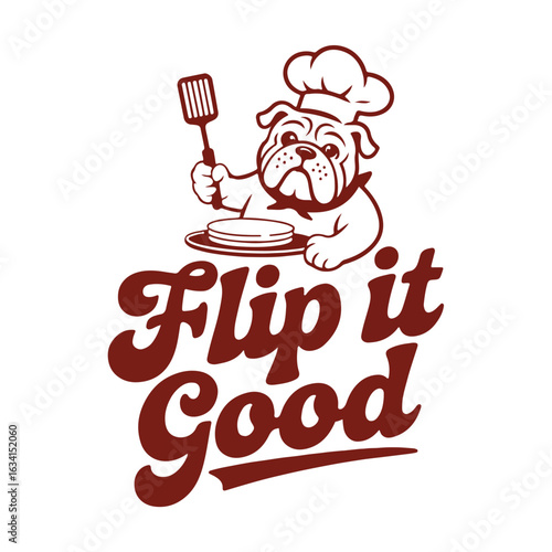 Bulldog chef with pancakes and spatula illustration on white page tshirt design