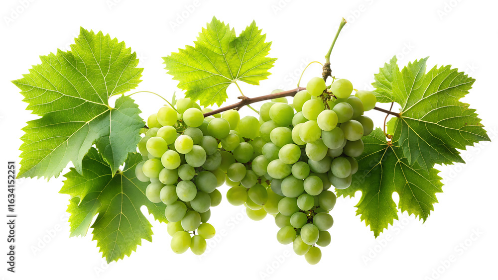 Obraz premium Fresh Green Grapes with Leaves Isolated on Transparent Background