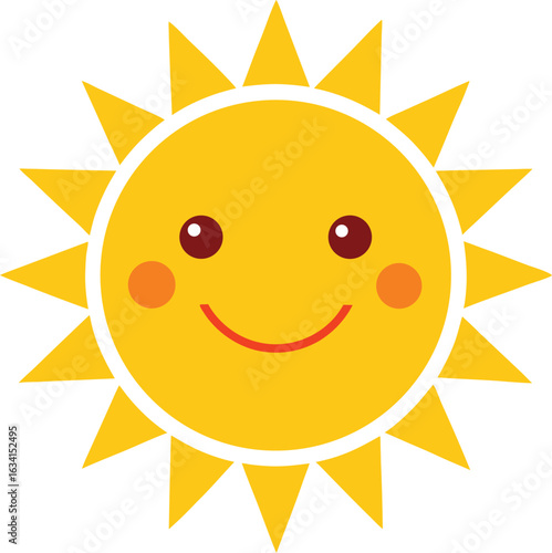 A cheerful sun with a smiling face against a plain vector white background