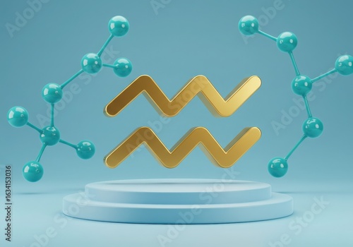Golden aquarius zodiac symbol with molecular structures on a pedestal