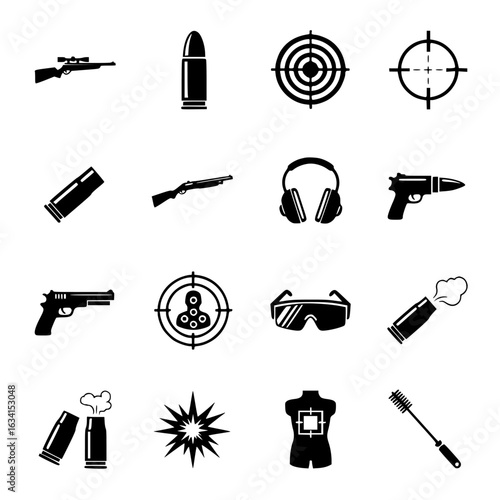 Collection of black and white shooting range and gun related vector icons