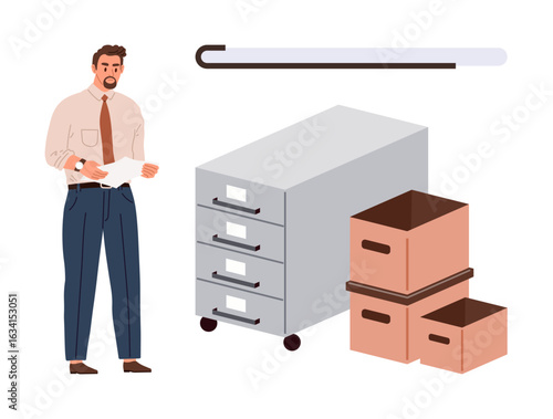 Man holding a paper while standing near a filing cabinet and stacked cardboard boxes. Ideal for storage, work organization, office management, clerical tasks, filing system, workplace productivity