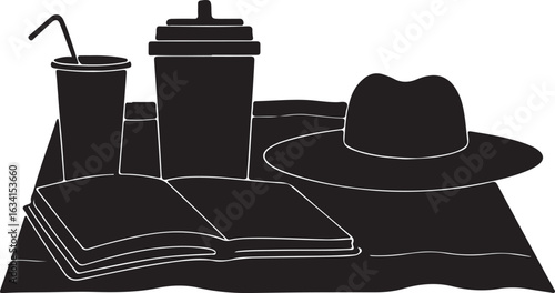 con silhouette of a beach picnic setup featuring a drink cup, straw hat, and open book on a mat, in solid black on white