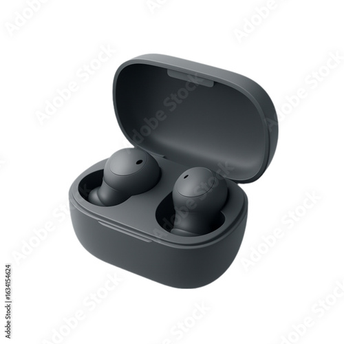Modern wireless earbuds in charging case isolated on transparent background