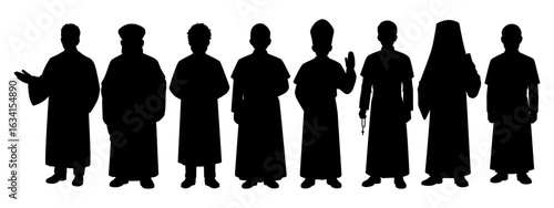Set silhouette religion people. Various cartoon character christian priest, patriarchs, pastor, clergyman. Bundle illustrations who believe Christ. Design for faith, belief, confession and churchman.