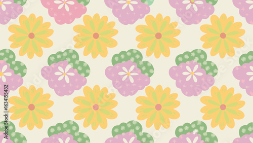 Floral pattern with yellow daisies and pink blossoms on a light beige background design element