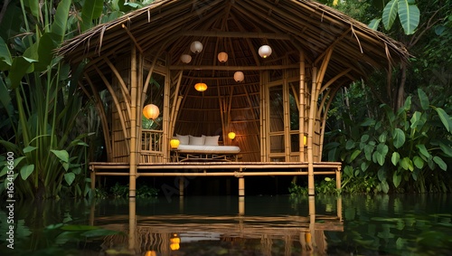 Tranquil bamboo hut with soft lighting nestled in lush tropical foliage