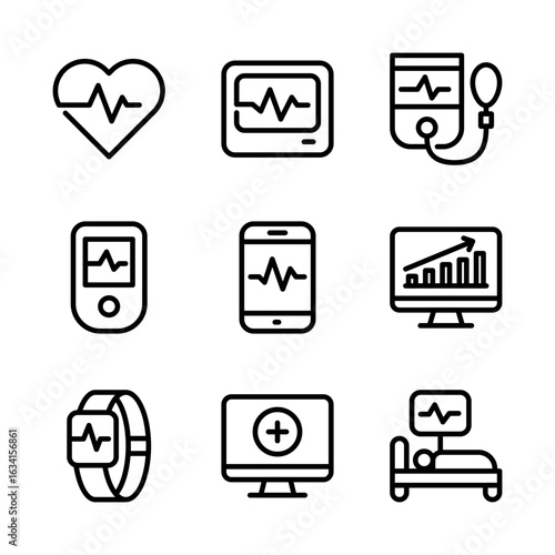 Health Monitoring Icon Set of a heart rate, blood pressure monitor, medical devices, wearable fitness tracker, telemedicine interface, and patient monitoring