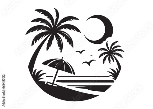 palm tree and a beach scene logo silhouette vector,  palm tree silhouette beach scene design, tropical beach sunset scene with palm tree and ocean waves logo vector silhouette on white background