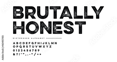Brutally Honest: Rough and raw uppercase grunge font with a worn-out texture. A distressed style perfect for posters, underground branding, or rebellious design. Vector typography set.