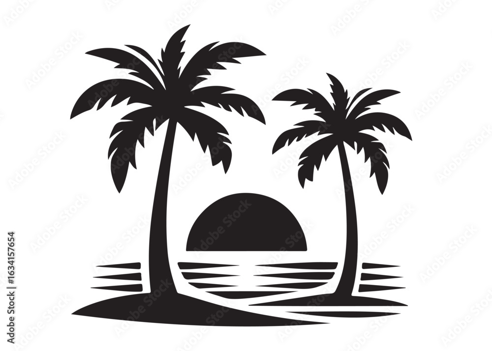 Fototapeta premium palm tree and a beach scene logo silhouette vector, palm tree silhouette beach scene design, tropical beach sunset scene with palm tree and ocean waves logo vector silhouette on white background