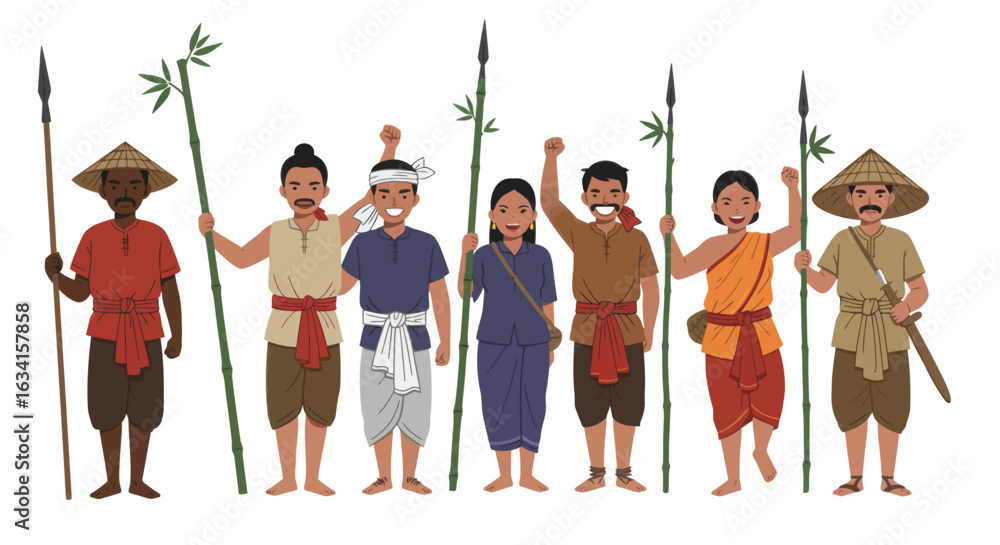 Fototapeta premium Diverse group of Southeast Asian farmers standing together in traditional clothing with bamboo and spears 