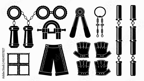 Illustration of various steampunk themed accessories and clothing items in black and white style silhouette