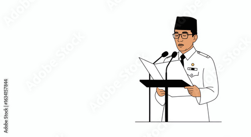 Powerful leader delivering important speech at podium with microphones for media outreach and public announcement
