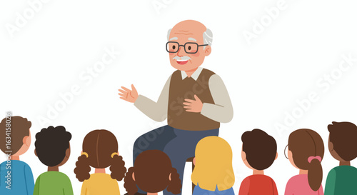 Engaging grandpa telling stories to children in colorful cartoon style learning environment illustration
