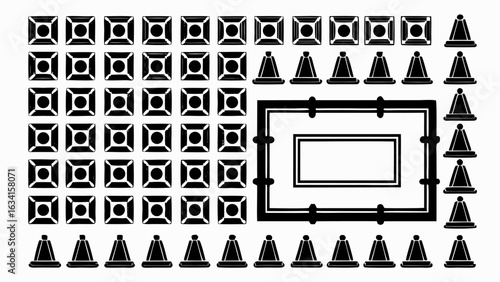Arrangement of squares with circles, truncated cones, and a double rectangle frame in black and white style silhouette