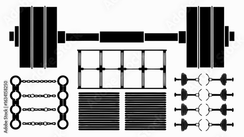 Illustration of a barbell, jump ropes, speed ladder, and resistance bands in black and white style silhouette
