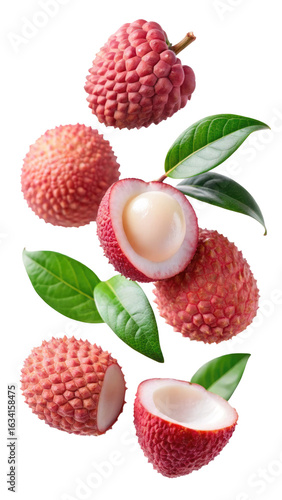 flying lychee fruit and half slices isolated on transparent white background, clipping path