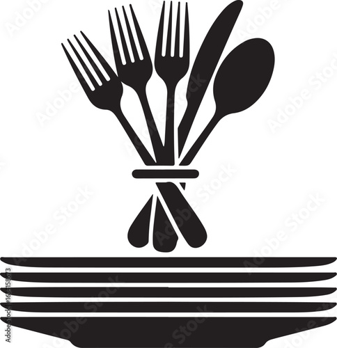Cutlery bundle on stacked plates forks knife