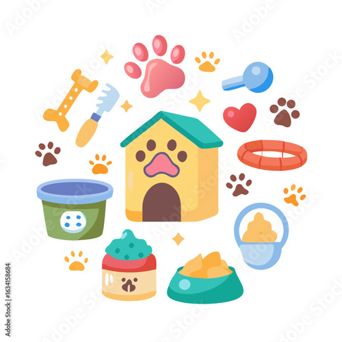 Cute vector icon sheet of pet and animal care essentials in playful flat design, perfect for vet clinics, pet shops, or mobile apps.