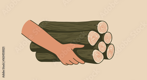 Flat vector illustration of human hands carrying a stack of firewood