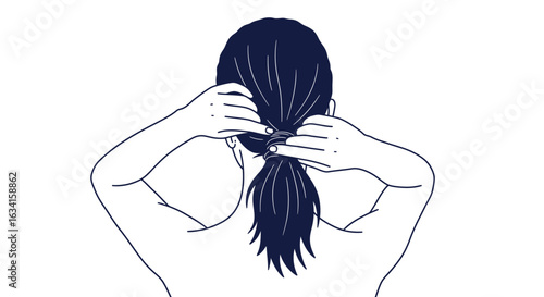 Flat vector illustration of a person’s hands tying long hair into a ponytail on the back of their head