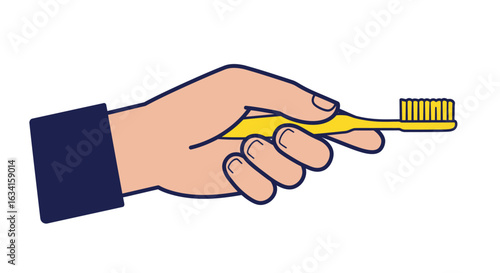 Flat illustration of a hand holding a yellow toothbrush, bold navy outline