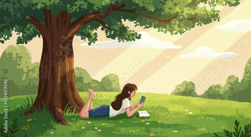Flat illustration of a Person lying on grass under a big tree, deeply immersed in a book, flat design with sunny outdoor vibes
