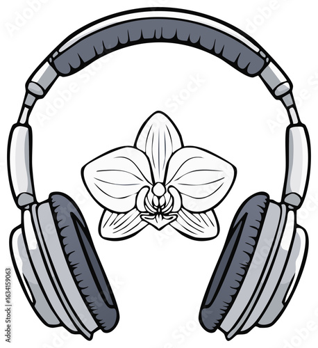 Stylized orchid flower with over-ear headphones on a white background