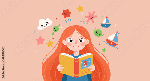 Flat illustration of A kid reading a picture book, wide-eyed with wonder, with simple illustrated shapes
