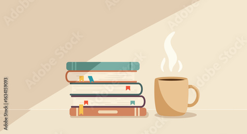 Flat illustration of a neat book stack next to a steaming coffee mug, with bookmarks peeking out and gentle morning light