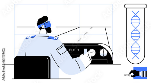 Scientist at control panel, test tube showing DNA strand, robotic hand with DNA sequencing. Ideal for science, innovation, biotech, research, DNA technology laboratory. A simple flat metaphor