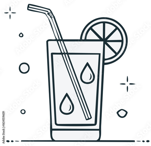 Simple line art illustration of a refreshing cold drink with a straw and citrus slice garnish