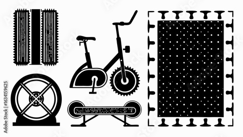 Silhouette illustration showing an exercise bike, treadmills, and a patterned mat in black and white