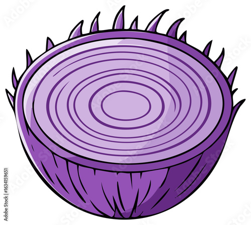 Halved Purple Onion Illustration Showing Concentric Rings and Spiked Edges
