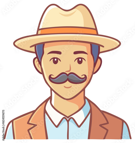 Cartoon Farmer Portrait with Mustache and Straw Hat Vector Illustration