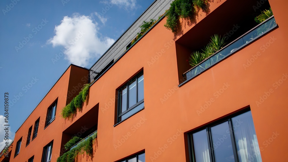 Fototapeta premium Modern orange building facade with balconies and greenery under a blue sky