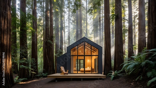 Fototapeta Naklejka Na Ścianę i Meble -  Modern tiny house nestled among towering redwood trees in a lush forest