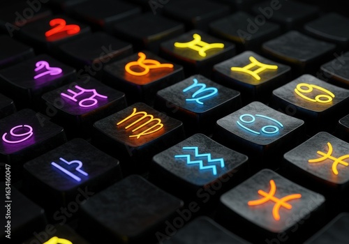 Glowing zodiac symbols on a dark textured background