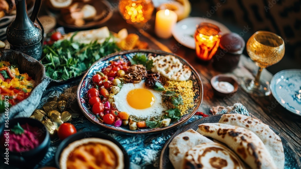 Fototapeta premium Colorful and Vibrant Breakfast Table with Eggs and Fresh Ingredients
