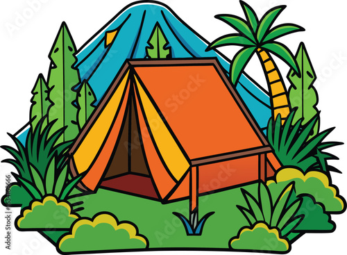 A tent nestled in a tropical forest, enveloped by thick foliage and vibrant plant life, creating a serene outdoor setting