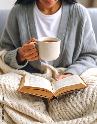 Woman reading a book and drinking tea